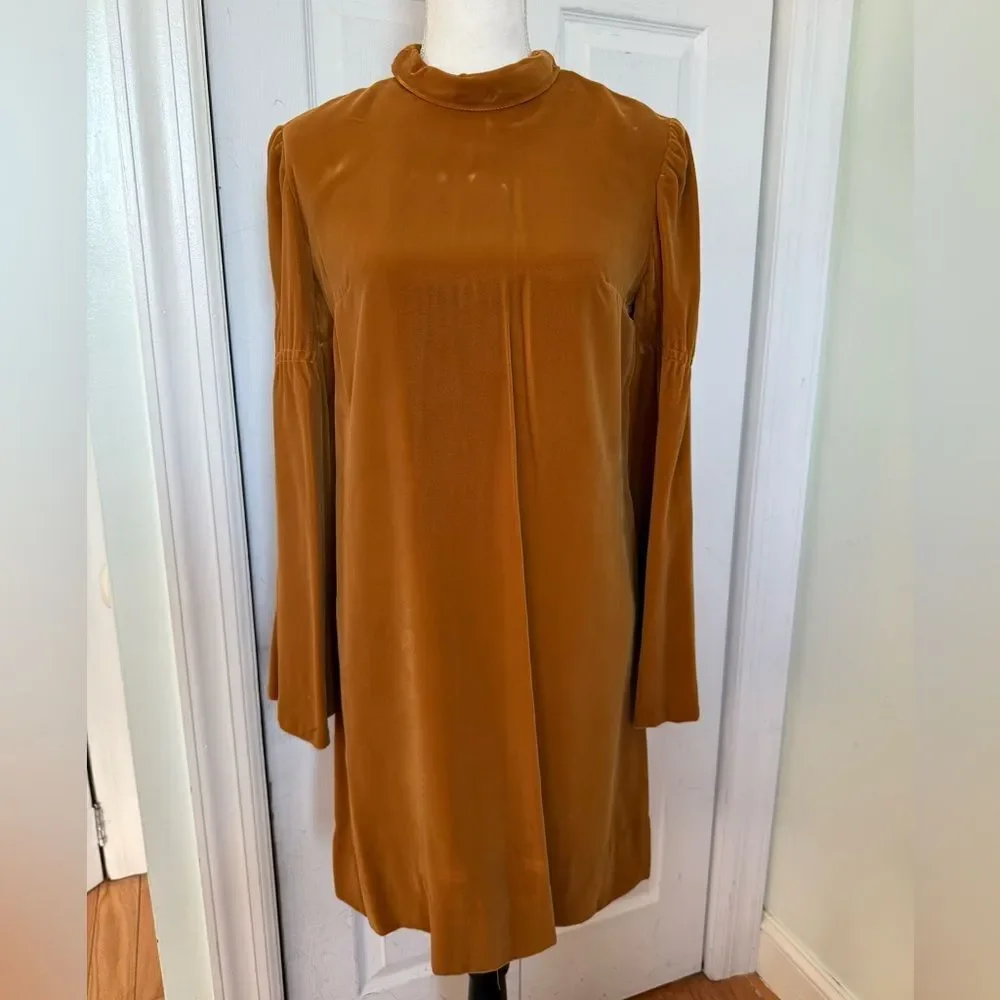 1970s Mustard Colored Rich Velvet High-Collar Dress